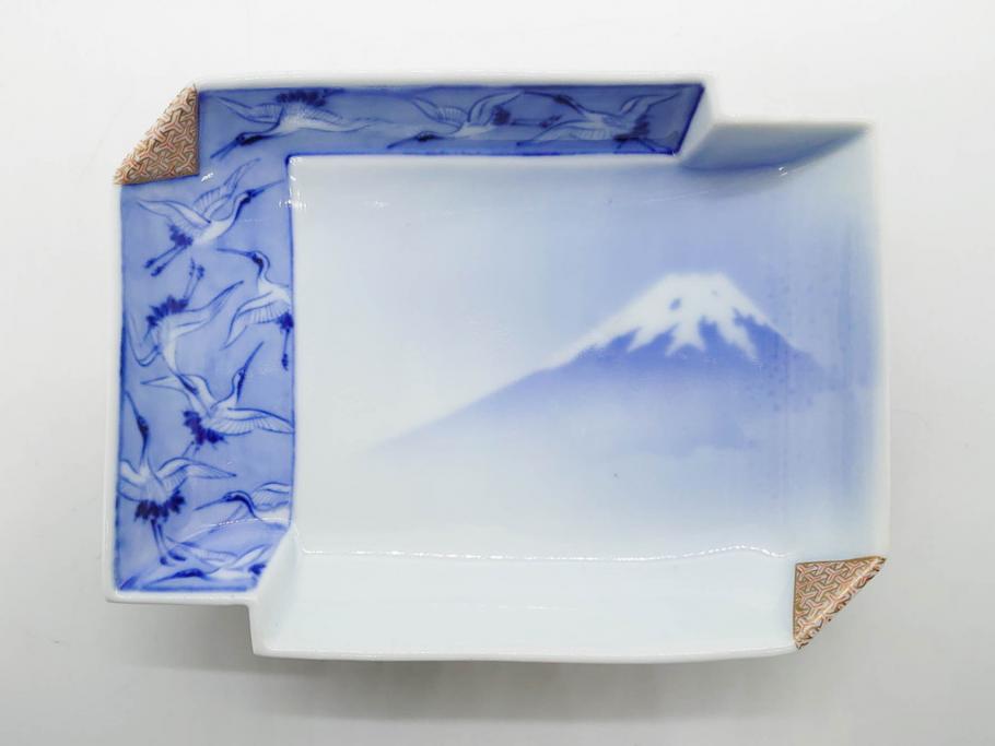 戦前　深川製磁　オールド深川　有田焼　染付　富士山　約16cm　5.1寸　優雅に舞う鶴が魅力の変形皿4枚セット(ツル、風景、金彩、中皿、なます皿、和皿、和食器、裏印、五寸一分)(R-079910)