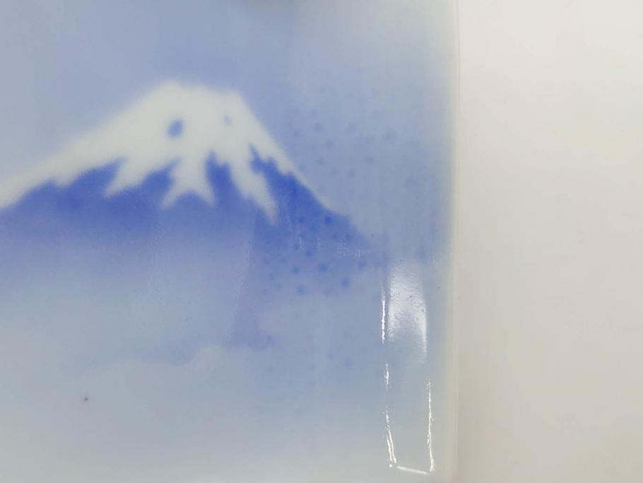 戦前　深川製磁　オールド深川　有田焼　染付　富士山　約16cm　5.1寸　優雅に舞う鶴が魅力の変形皿4枚セット(ツル、風景、金彩、中皿、なます皿、和皿、和食器、裏印、五寸一分)(R-079910)