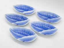 戦前　オールド香蘭社　有田焼　染付　葉形　葉皿　約21cm　6.9寸　細かな絵付けが美しい変形皿5枚セット(中皿、和皿、和食器、裏印、六寸九分)(R-079911)