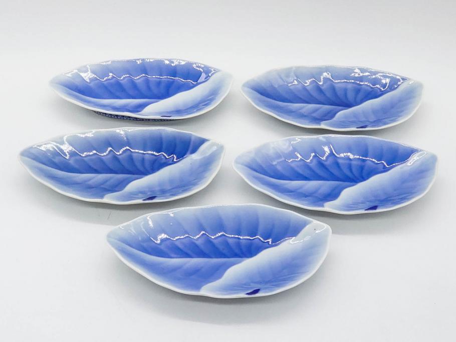 戦前　オールド香蘭社　有田焼　染付　葉形　葉皿　約21cm　6.9寸　細かな絵付けが美しい変形皿5枚セット(中皿、和皿、和食器、裏印、六寸九分)(R-079911)