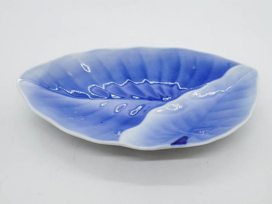 戦前　オールド香蘭社　有田焼　染付　葉形　葉皿　約21cm　6.9寸　細かな絵付けが美しい変形皿5枚セット(中皿、和皿、和食器、裏印、六寸九分)(R-079911)