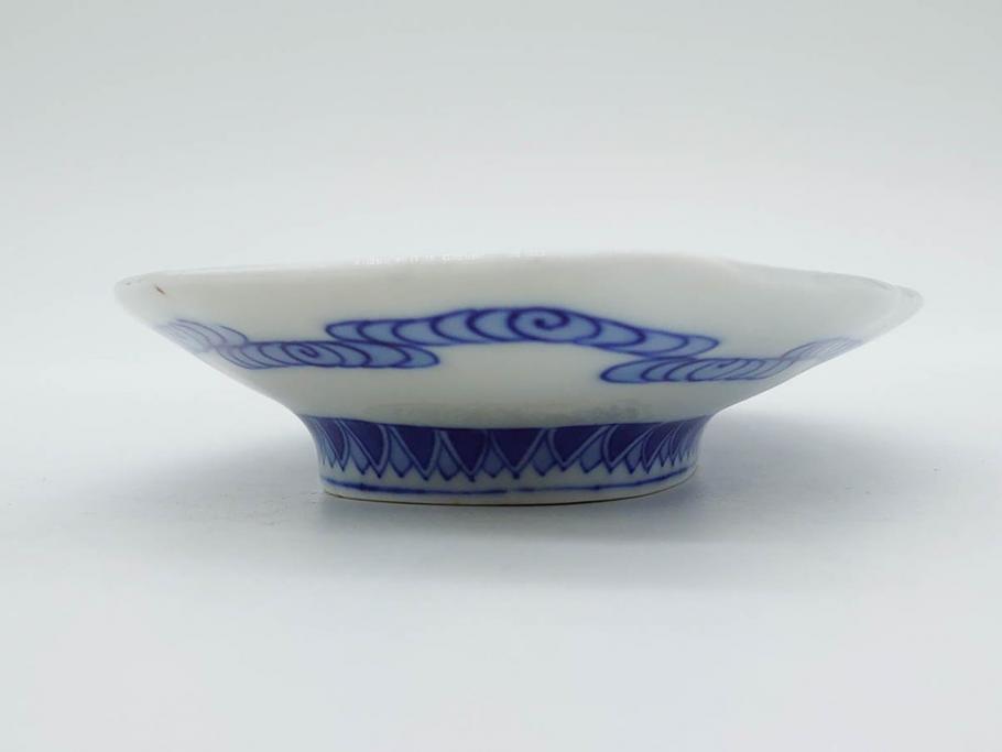戦前　オールド香蘭社　有田焼　染付　葉形　葉皿　約21cm　6.9寸　細かな絵付けが美しい変形皿5枚セット(中皿、和皿、和食器、裏印、六寸九分)(R-079911)
