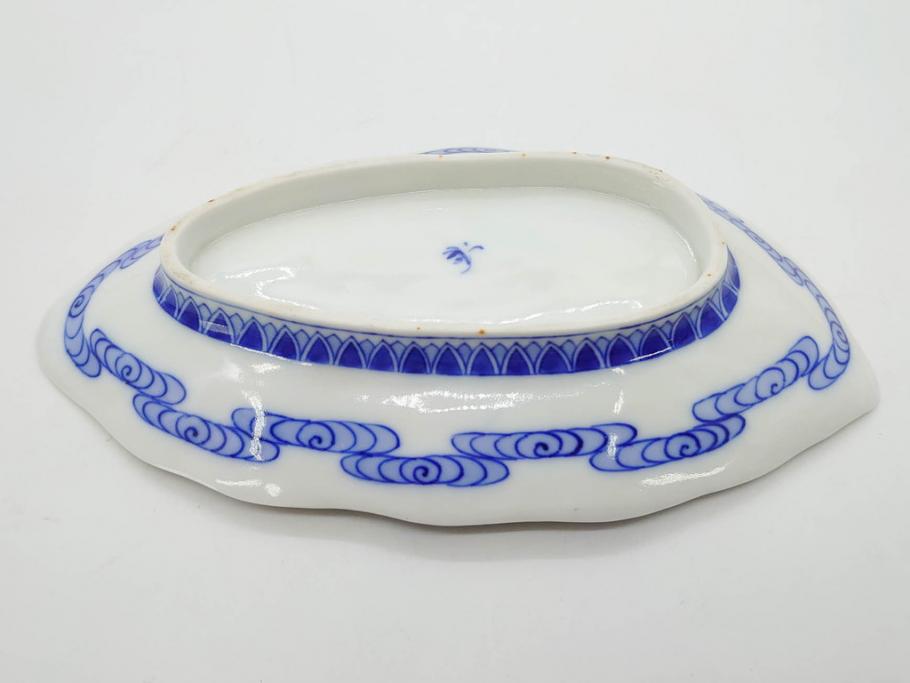 戦前　オールド香蘭社　有田焼　染付　葉形　葉皿　約21cm　6.9寸　細かな絵付けが美しい変形皿5枚セット(中皿、和皿、和食器、裏印、六寸九分)(R-079911)