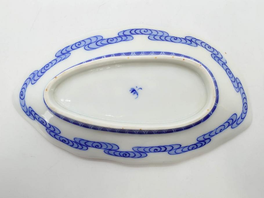 戦前　オールド香蘭社　有田焼　染付　葉形　葉皿　約21cm　6.9寸　細かな絵付けが美しい変形皿5枚セット(中皿、和皿、和食器、裏印、六寸九分)(R-079911)