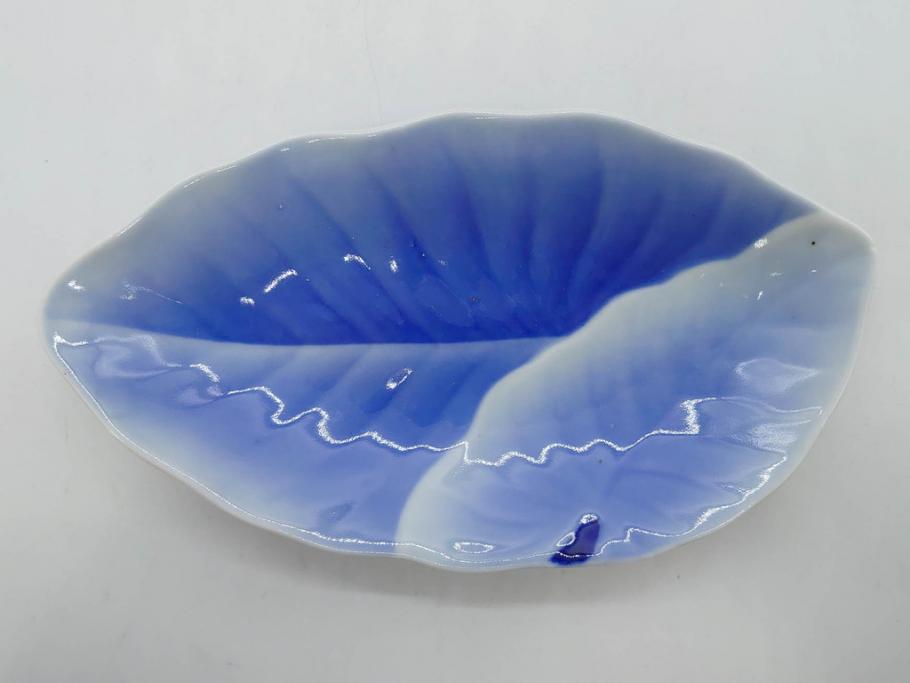 戦前　オールド香蘭社　有田焼　染付　葉形　葉皿　約21cm　6.9寸　細かな絵付けが美しい変形皿5枚セット(中皿、和皿、和食器、裏印、六寸九分)(R-079911)