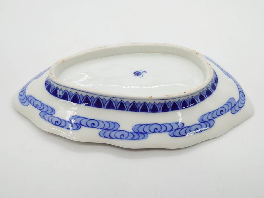 戦前　オールド香蘭社　有田焼　染付　葉形　葉皿　約21cm　6.9寸　細かな絵付けが美しい変形皿5枚セット(中皿、和皿、和食器、裏印、六寸九分)(R-079911)