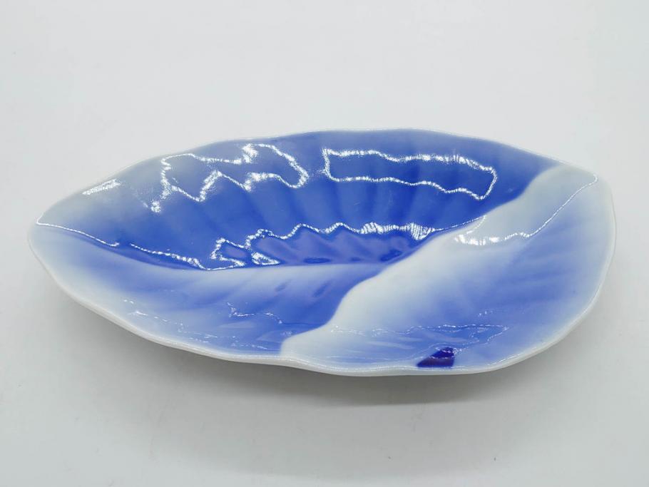 戦前　オールド香蘭社　有田焼　染付　葉形　葉皿　約21cm　6.9寸　細かな絵付けが美しい変形皿5枚セット(中皿、和皿、和食器、裏印、六寸九分)(R-079911)