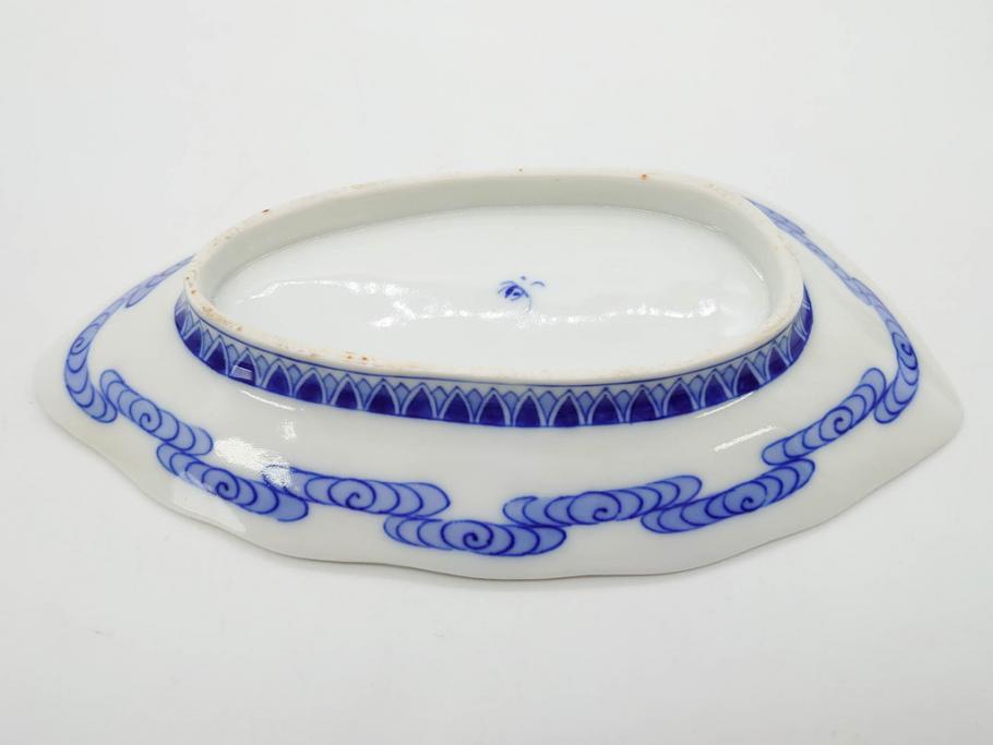 戦前　オールド香蘭社　有田焼　染付　葉形　葉皿　約21cm　6.9寸　細かな絵付けが美しい変形皿5枚セット(中皿、和皿、和食器、裏印、六寸九分)(R-079911)