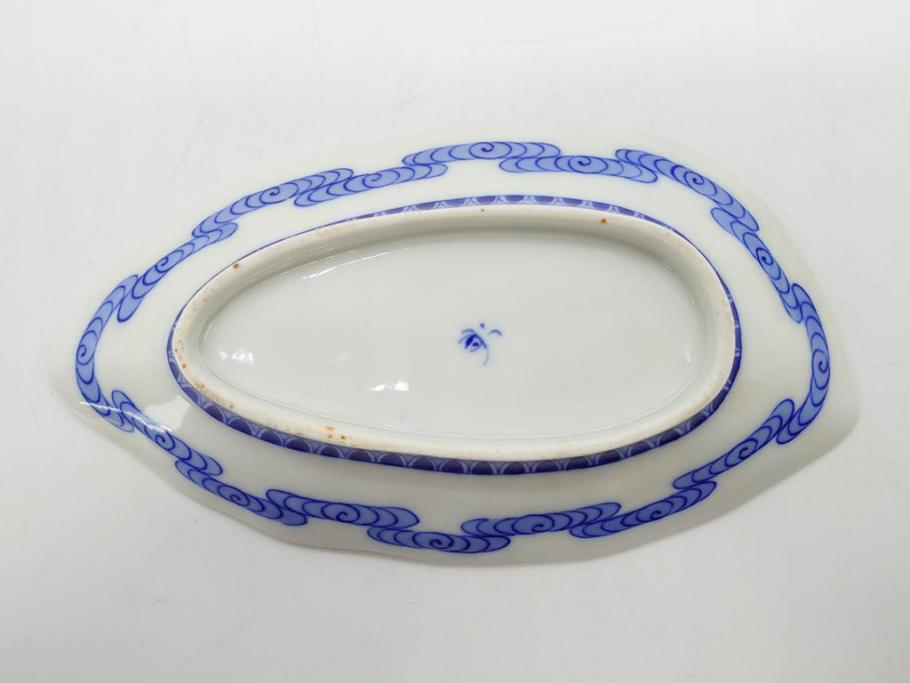 戦前　オールド香蘭社　有田焼　染付　葉形　葉皿　約21cm　6.9寸　細かな絵付けが美しい変形皿5枚セット(中皿、和皿、和食器、裏印、六寸九分)(R-079911)
