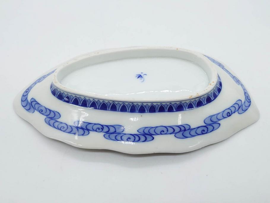 戦前　オールド香蘭社　有田焼　染付　葉形　葉皿　約21cm　6.9寸　細かな絵付けが美しい変形皿5枚セット(中皿、和皿、和食器、裏印、六寸九分)(R-079911)