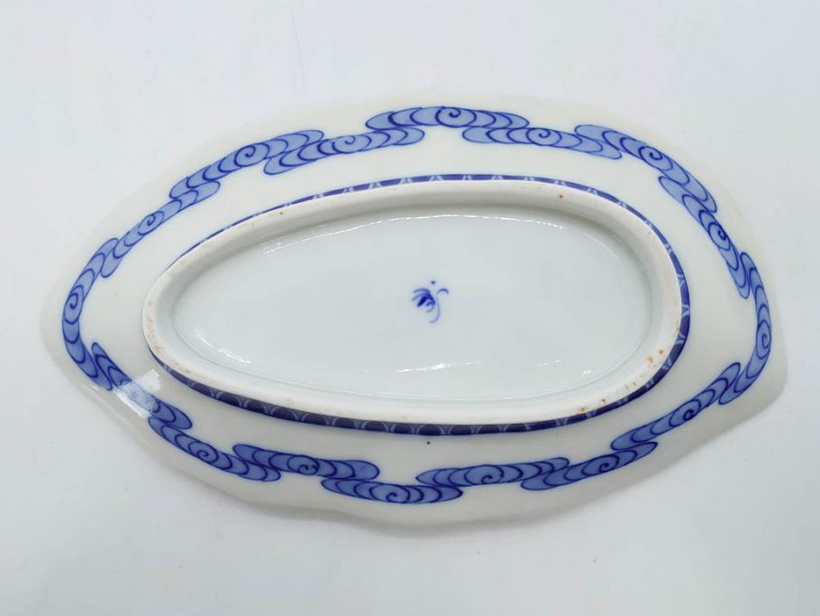 戦前　オールド香蘭社　有田焼　染付　葉形　葉皿　約21cm　6.9寸　細かな絵付けが美しい変形皿5枚セット(中皿、和皿、和食器、裏印、六寸九分)(R-079911)