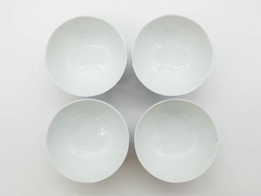 戦前　オールド香蘭社　有田焼　染付　色絵　約11cm　3.4寸　食卓を華やかに彩る蓋付き茶碗4客セット(瓢箪、ひょうたん、唐草、花、蓋茶碗、器、どんぶり、和食器、裏印、三寸四分)(R-080073)