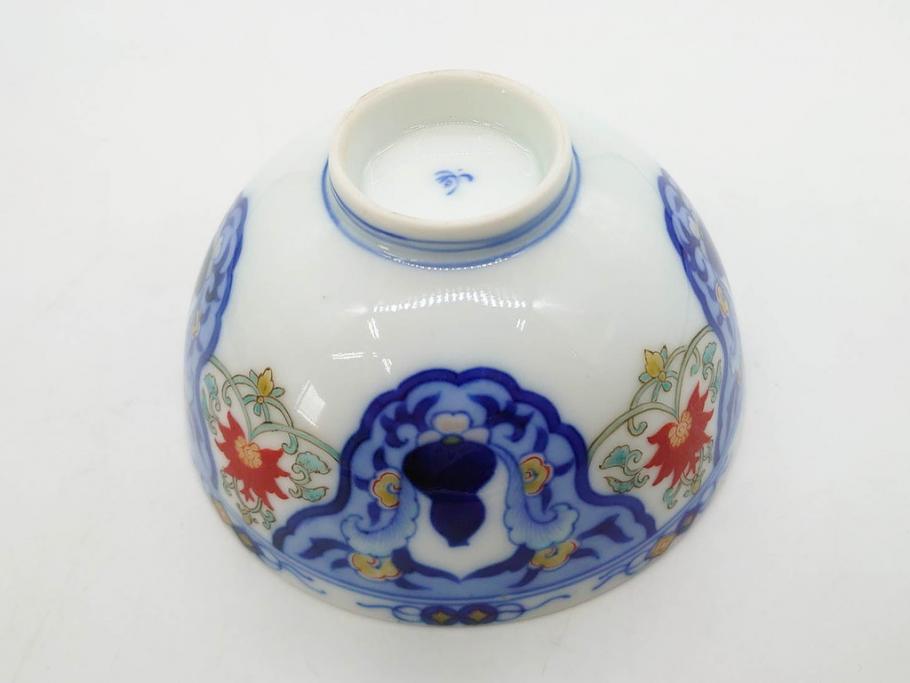 戦前　オールド香蘭社　有田焼　染付　色絵　約11cm　3.4寸　食卓を華やかに彩る蓋付き茶碗4客セット(瓢箪、ひょうたん、唐草、花、蓋茶碗、器、どんぶり、和食器、裏印、三寸四分)(R-080073)