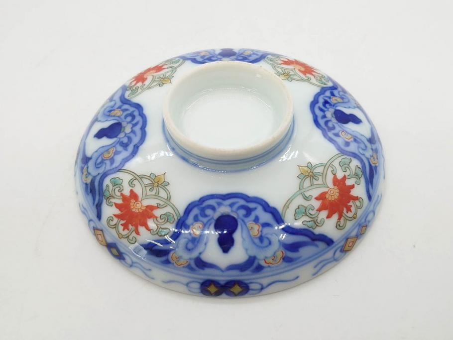 戦前　オールド香蘭社　有田焼　染付　色絵　約11cm　3.4寸　食卓を華やかに彩る蓋付き茶碗4客セット(瓢箪、ひょうたん、唐草、花、蓋茶碗、器、どんぶり、和食器、裏印、三寸四分)(R-080073)