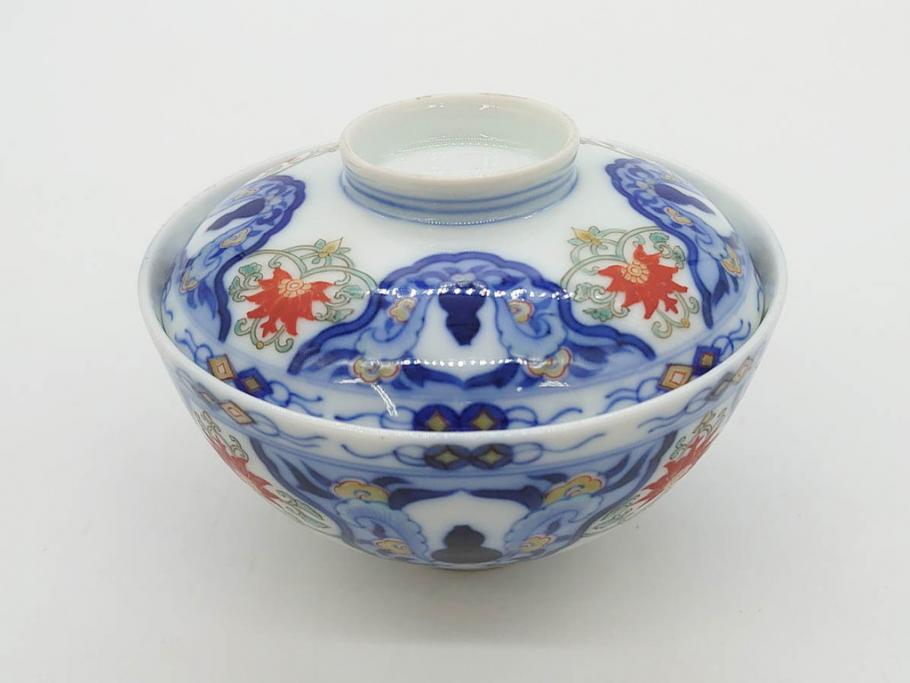 戦前　オールド香蘭社　有田焼　染付　色絵　約11cm　3.4寸　食卓を華やかに彩る蓋付き茶碗4客セット(瓢箪、ひょうたん、唐草、花、蓋茶碗、器、どんぶり、和食器、裏印、三寸四分)(R-080073)