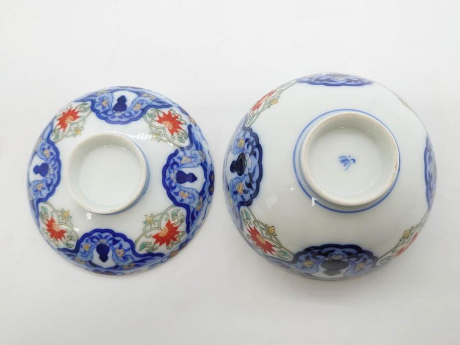 戦前　オールド香蘭社　有田焼　染付　色絵　約11cm　3.4寸　食卓を華やかに彩る蓋付き茶碗4客セット(瓢箪、ひょうたん、唐草、花、蓋茶碗、器、どんぶり、和食器、裏印、三寸四分)(R-080073)