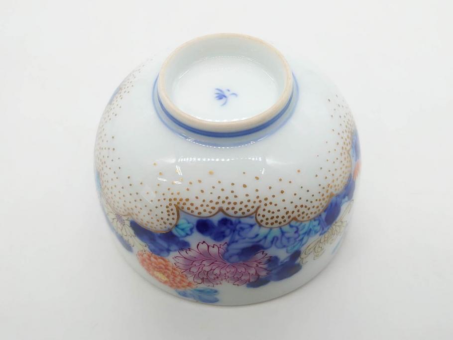 戦前　オールド香蘭社　有田焼　染付　色絵　金彩　松　花　上品な雰囲気の蓋付き湯呑み7客セット(菊、松葉、松の実、湯のみ、煎茶、和食器、裏印)(R-080074)