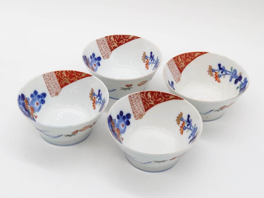 戦前　オールド香蘭社　有田焼　染付　色絵　松竹梅　花　約12cm　3.9寸　料理を引き立ててくれる小鉢4客セット(菊、巻物、深鉢、深皿、和皿、向付、和食器、三寸九分)(R-080077)