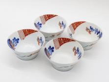 戦前　オールド香蘭社　有田焼　染付　色絵　松竹梅　花　約12cm　3.9寸　料理を引き立ててくれる小鉢4客セット(菊、巻物、深鉢、深皿、和皿、向付、和食器、三寸九分)(R-080077)