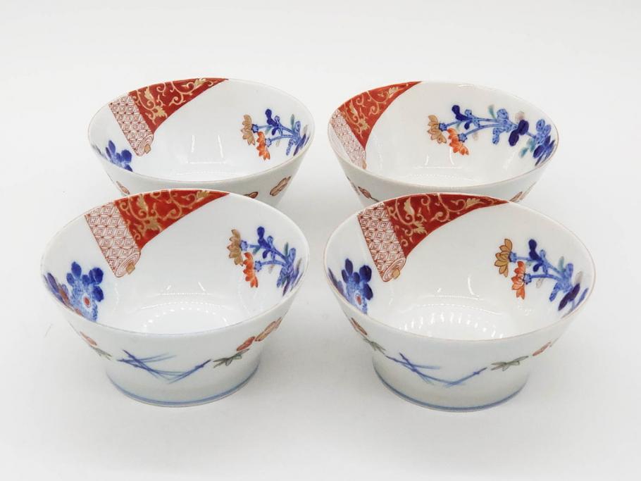 戦前　オールド香蘭社　有田焼　染付　色絵　松竹梅　花　約12cm　3.9寸　料理を引き立ててくれる小鉢4客セット(菊、巻物、深鉢、深皿、和皿、向付、和食器、三寸九分)(R-080077)