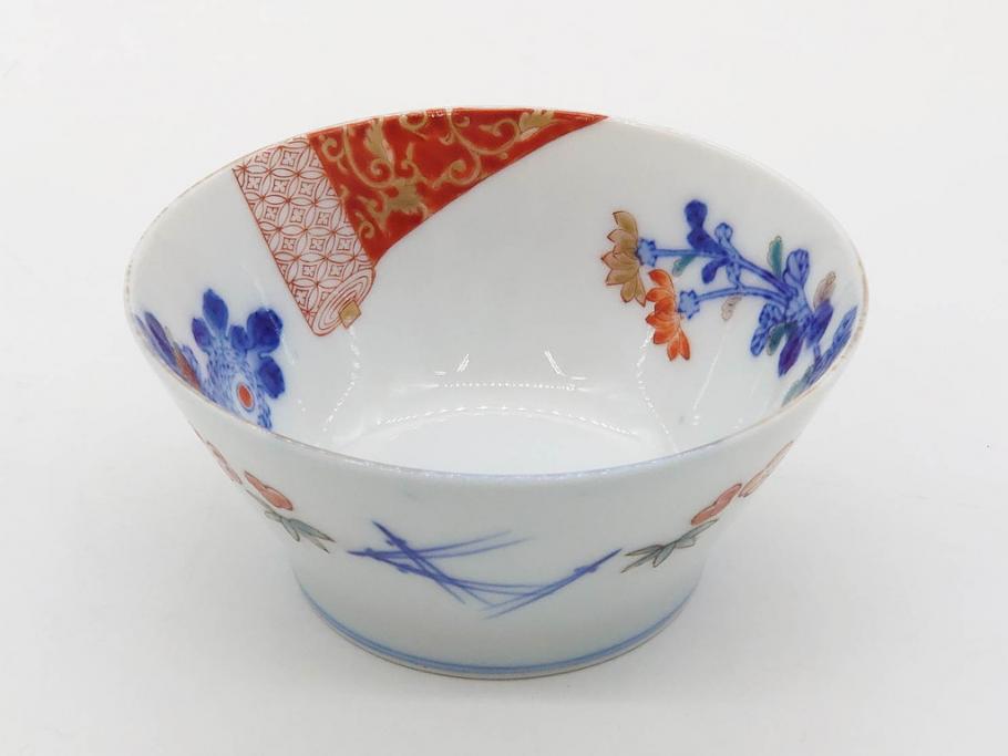 戦前　オールド香蘭社　有田焼　染付　色絵　松竹梅　花　約12cm　3.9寸　料理を引き立ててくれる小鉢4客セット(菊、巻物、深鉢、深皿、和皿、向付、和食器、三寸九分)(R-080077)