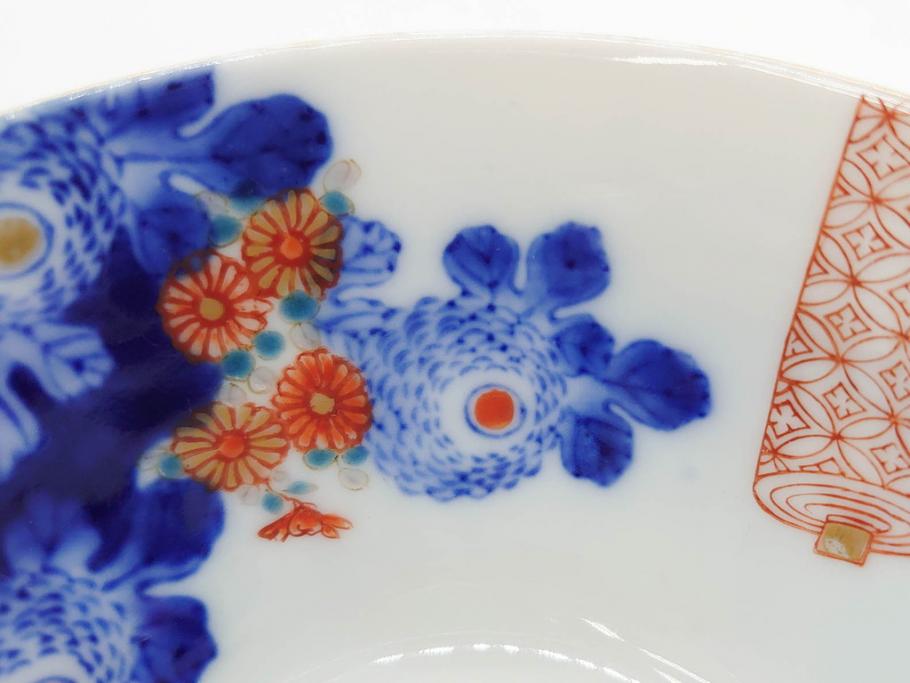 戦前　オールド香蘭社　有田焼　染付　色絵　松竹梅　花　約12cm　3.9寸　料理を引き立ててくれる小鉢4客セット(菊、巻物、深鉢、深皿、和皿、向付、和食器、三寸九分)(R-080077)