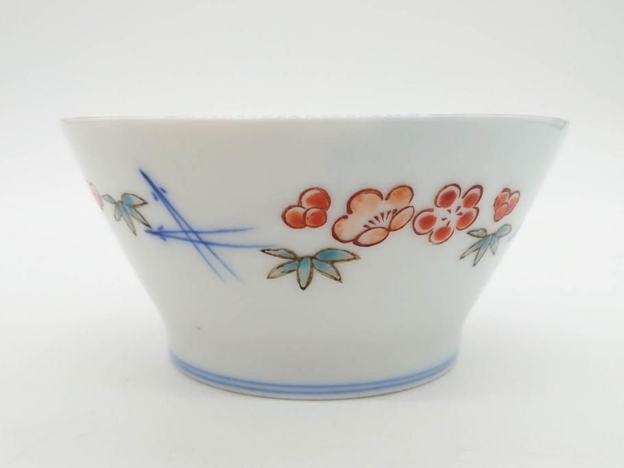 戦前　オールド香蘭社　有田焼　染付　色絵　松竹梅　花　約12cm　3.9寸　料理を引き立ててくれる小鉢4客セット(菊、巻物、深鉢、深皿、和皿、向付、和食器、三寸九分)(R-080077)