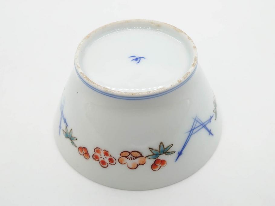 戦前　オールド香蘭社　有田焼　染付　色絵　松竹梅　花　約12cm　3.9寸　料理を引き立ててくれる小鉢4客セット(菊、巻物、深鉢、深皿、和皿、向付、和食器、三寸九分)(R-080077)