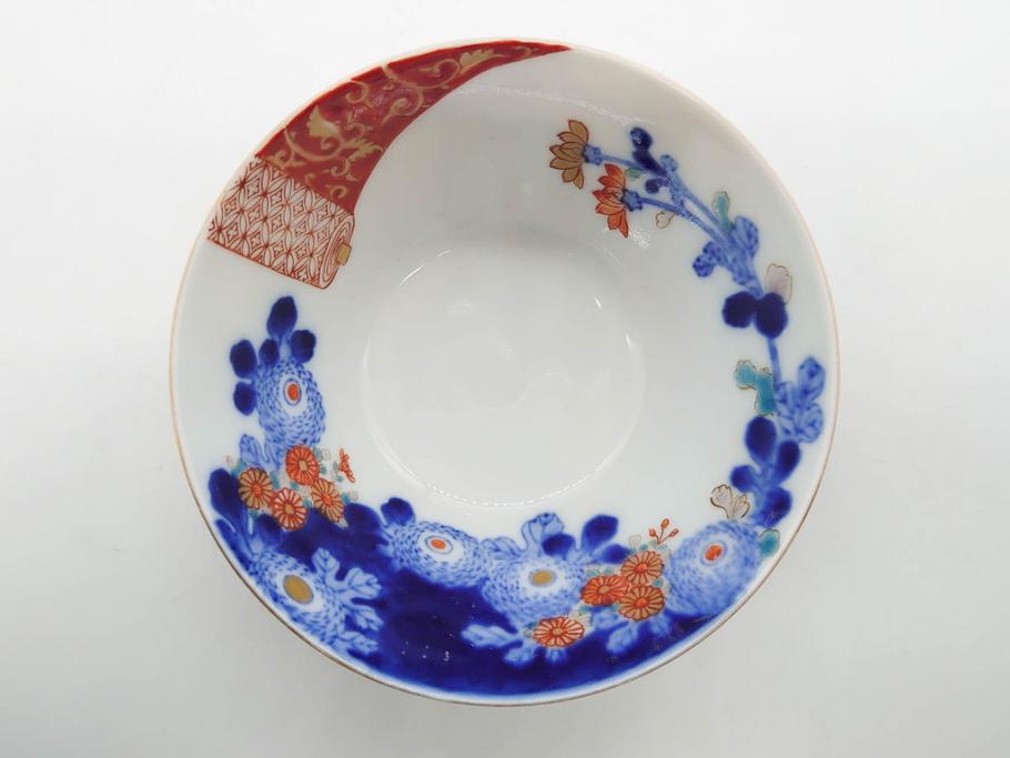 戦前　オールド香蘭社　有田焼　染付　色絵　松竹梅　花　約12cm　3.9寸　料理を引き立ててくれる小鉢4客セット(菊、巻物、深鉢、深皿、和皿、向付、和食器、三寸九分)(R-080077)