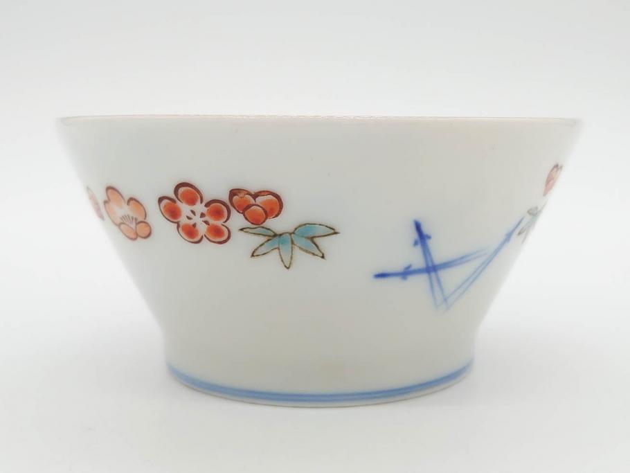 戦前　オールド香蘭社　有田焼　染付　色絵　松竹梅　花　約12cm　3.9寸　料理を引き立ててくれる小鉢4客セット(菊、巻物、深鉢、深皿、和皿、向付、和食器、三寸九分)(R-080077)