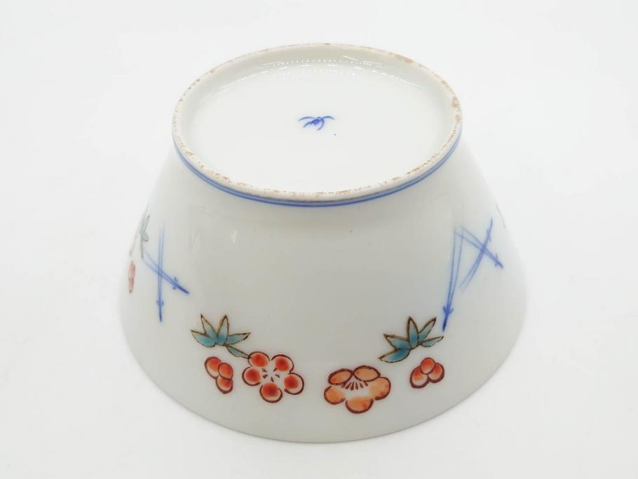 戦前　オールド香蘭社　有田焼　染付　色絵　松竹梅　花　約12cm　3.9寸　料理を引き立ててくれる小鉢4客セット(菊、巻物、深鉢、深皿、和皿、向付、和食器、三寸九分)(R-080077)