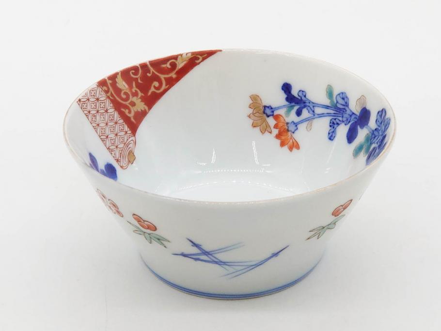 戦前　オールド香蘭社　有田焼　染付　色絵　松竹梅　花　約12cm　3.9寸　料理を引き立ててくれる小鉢4客セット(菊、巻物、深鉢、深皿、和皿、向付、和食器、三寸九分)(R-080077)