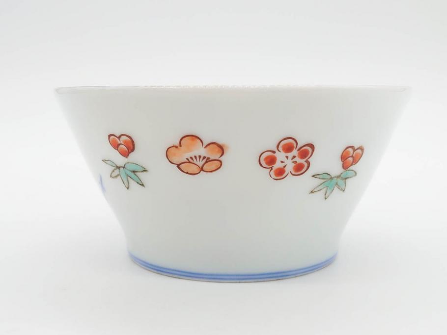 戦前　オールド香蘭社　有田焼　染付　色絵　松竹梅　花　約12cm　3.9寸　料理を引き立ててくれる小鉢4客セット(菊、巻物、深鉢、深皿、和皿、向付、和食器、三寸九分)(R-080077)