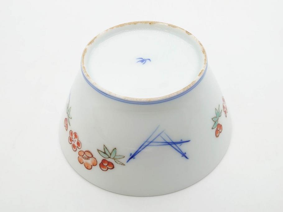 戦前　オールド香蘭社　有田焼　染付　色絵　松竹梅　花　約12cm　3.9寸　料理を引き立ててくれる小鉢4客セット(菊、巻物、深鉢、深皿、和皿、向付、和食器、三寸九分)(R-080077)