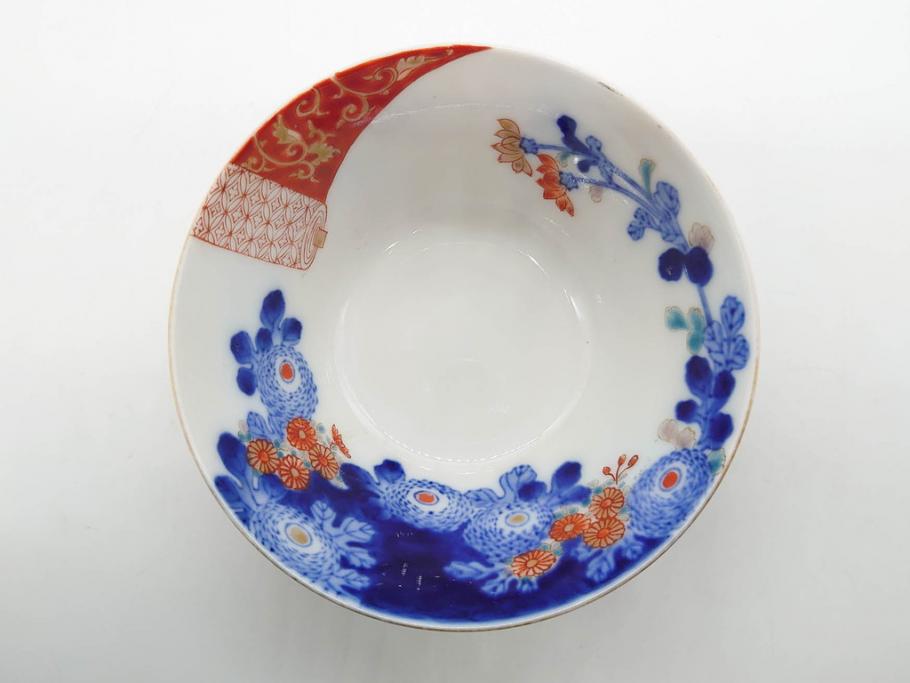 戦前　オールド香蘭社　有田焼　染付　色絵　松竹梅　花　約12cm　3.9寸　料理を引き立ててくれる小鉢4客セット(菊、巻物、深鉢、深皿、和皿、向付、和食器、三寸九分)(R-080077)