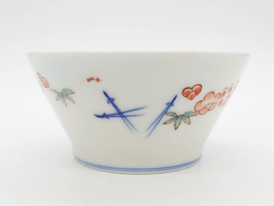 戦前　オールド香蘭社　有田焼　染付　色絵　松竹梅　花　約12cm　3.9寸　料理を引き立ててくれる小鉢4客セット(菊、巻物、深鉢、深皿、和皿、向付、和食器、三寸九分)(R-080077)