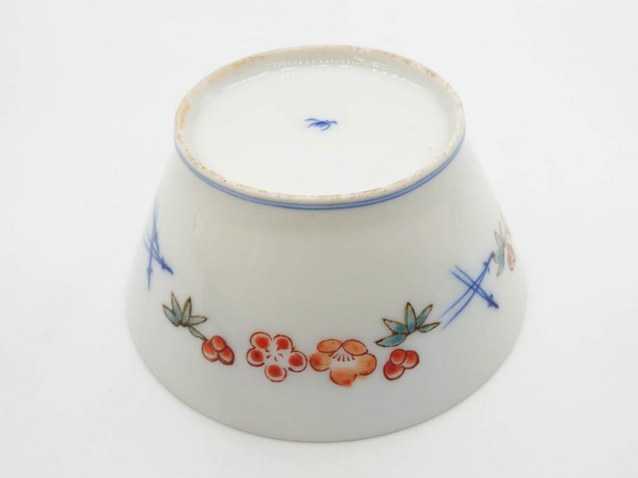 戦前　オールド香蘭社　有田焼　染付　色絵　松竹梅　花　約12cm　3.9寸　料理を引き立ててくれる小鉢4客セット(菊、巻物、深鉢、深皿、和皿、向付、和食器、三寸九分)(R-080077)