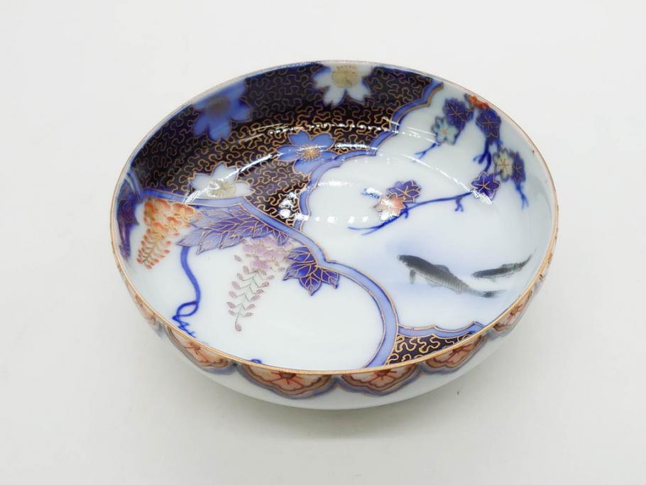 戦前　深川製磁　オールド深川　有田焼　染付　色絵　金彩　鯉　約10cm　3.3寸　艶やかな色付が美しい小皿3枚セット(魚、紅葉、桐、藤の花、桜、豆皿、和皿、和食器、三寸三分)(R-080078)