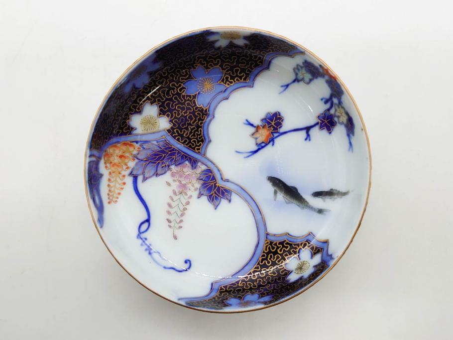 戦前　深川製磁　オールド深川　有田焼　染付　色絵　金彩　鯉　約10cm　3.3寸　艶やかな色付が美しい小皿3枚セット(魚、紅葉、桐、藤の花、桜、豆皿、和皿、和食器、三寸三分)(R-080078)