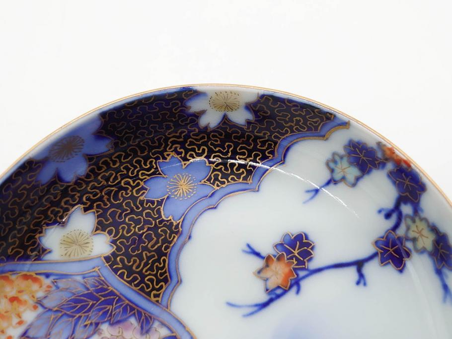 戦前　深川製磁　オールド深川　有田焼　染付　色絵　金彩　鯉　約10cm　3.3寸　艶やかな色付が美しい小皿3枚セット(魚、紅葉、桐、藤の花、桜、豆皿、和皿、和食器、三寸三分)(R-080078)