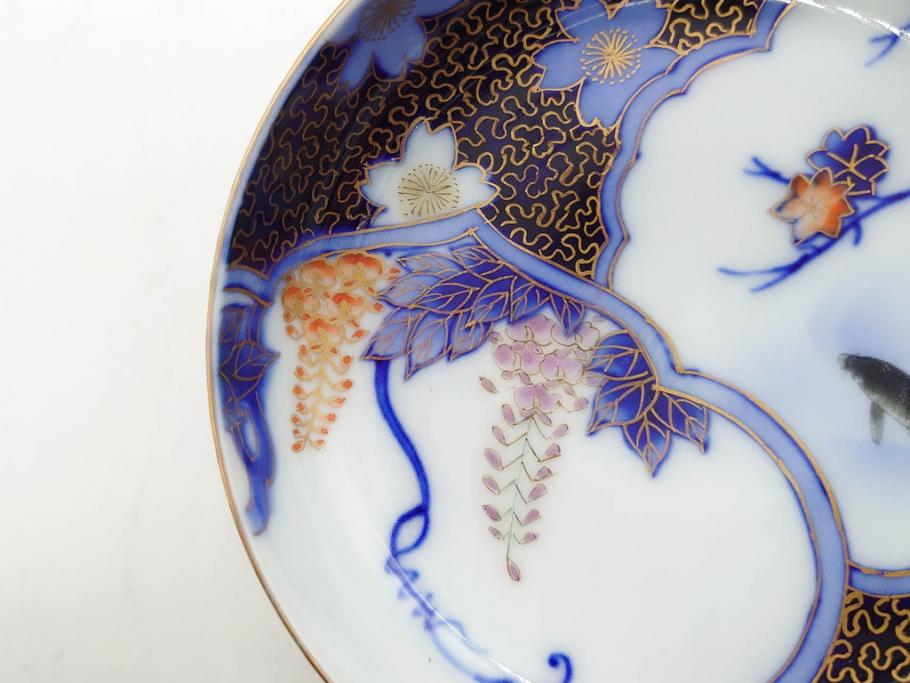 戦前　深川製磁　オールド深川　有田焼　染付　色絵　金彩　鯉　約10cm　3.3寸　艶やかな色付が美しい小皿3枚セット(魚、紅葉、桐、藤の花、桜、豆皿、和皿、和食器、三寸三分)(R-080078)