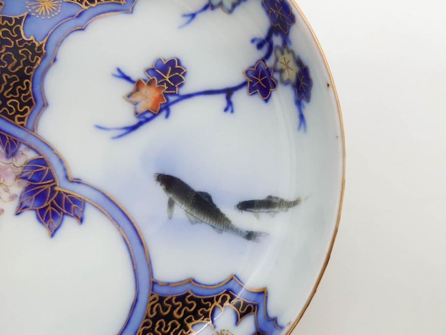 戦前　深川製磁　オールド深川　有田焼　染付　色絵　金彩　鯉　約10cm　3.3寸　艶やかな色付が美しい小皿3枚セット(魚、紅葉、桐、藤の花、桜、豆皿、和皿、和食器、三寸三分)(R-080078)
