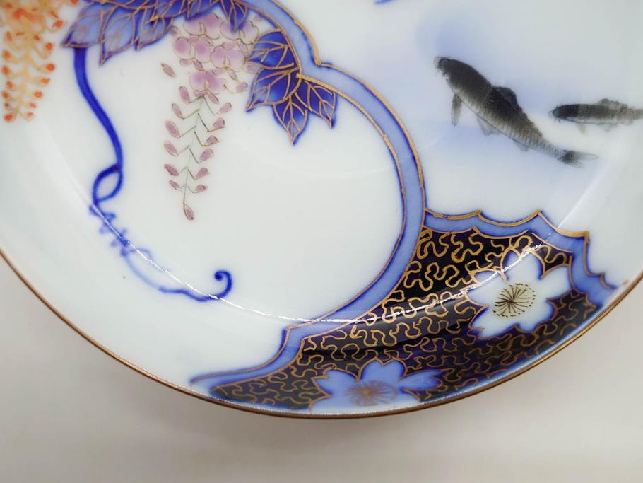 戦前　深川製磁　オールド深川　有田焼　染付　色絵　金彩　鯉　約10cm　3.3寸　艶やかな色付が美しい小皿3枚セット(魚、紅葉、桐、藤の花、桜、豆皿、和皿、和食器、三寸三分)(R-080078)