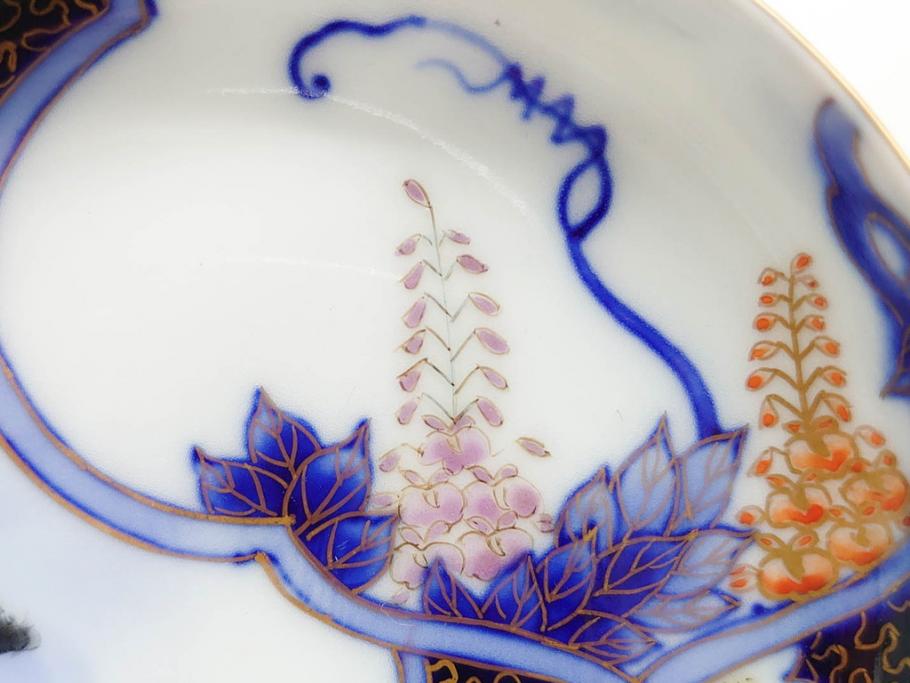 戦前　深川製磁　オールド深川　有田焼　染付　色絵　金彩　鯉　約10cm　3.3寸　艶やかな色付が美しい小皿3枚セット(魚、紅葉、桐、藤の花、桜、豆皿、和皿、和食器、三寸三分)(R-080078)