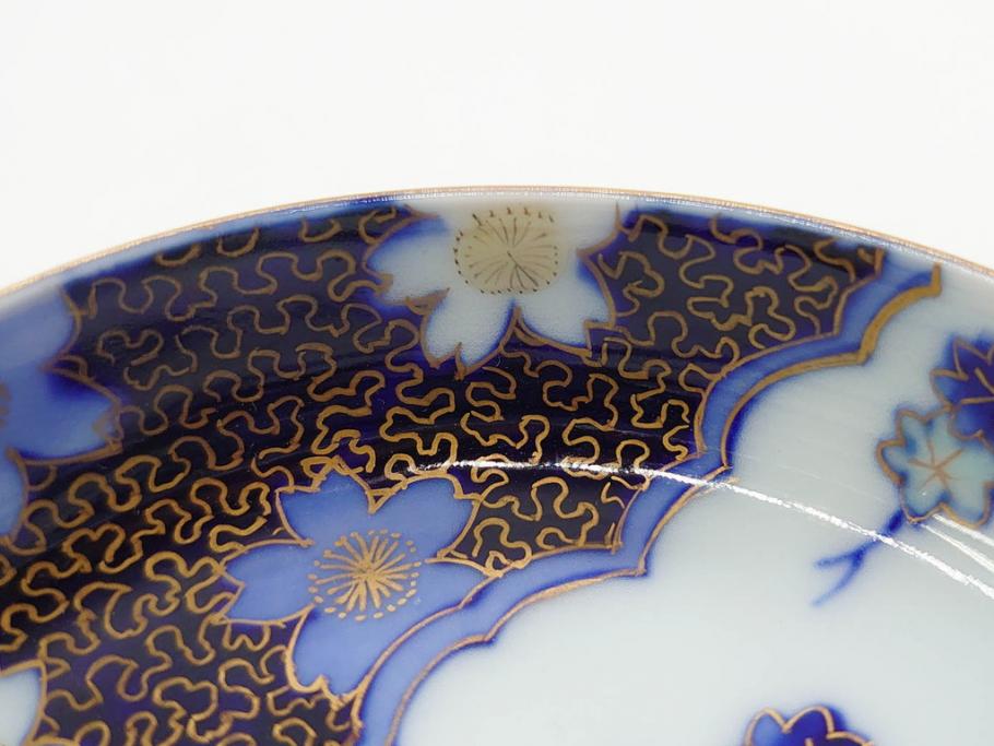 戦前　深川製磁　オールド深川　有田焼　染付　色絵　金彩　鯉　約10cm　3.3寸　艶やかな色付が美しい小皿3枚セット(魚、紅葉、桐、藤の花、桜、豆皿、和皿、和食器、三寸三分)(R-080078)