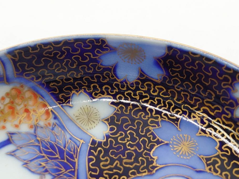 戦前　深川製磁　オールド深川　有田焼　染付　色絵　金彩　鯉　約10cm　3.3寸　艶やかな色付が美しい小皿3枚セット(魚、紅葉、桐、藤の花、桜、豆皿、和皿、和食器、三寸三分)(R-080078)