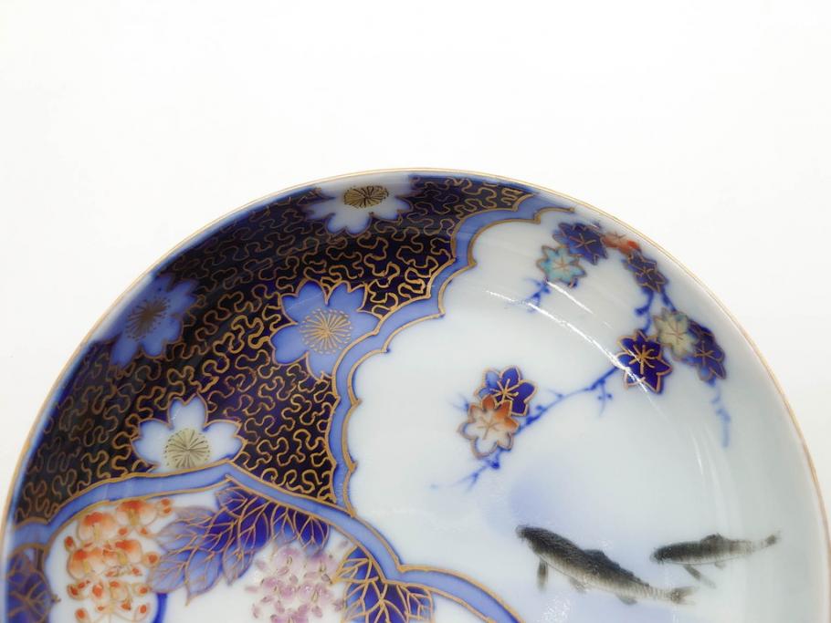 戦前　深川製磁　オールド深川　有田焼　染付　色絵　金彩　鯉　約10cm　3.3寸　艶やかな色付が美しい小皿3枚セット(魚、紅葉、桐、藤の花、桜、豆皿、和皿、和食器、三寸三分)(R-080078)