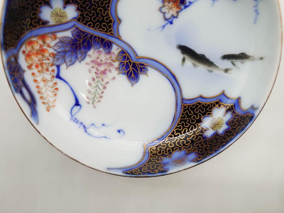 戦前　深川製磁　オールド深川　有田焼　染付　色絵　金彩　鯉　約10cm　3.3寸　艶やかな色付が美しい小皿3枚セット(魚、紅葉、桐、藤の花、桜、豆皿、和皿、和食器、三寸三分)(R-080078)