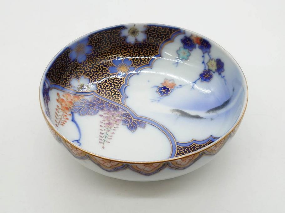 戦前　深川製磁　オールド深川　有田焼　染付　色絵　金彩　鯉　約10cm　3.3寸　艶やかな色付が美しい小皿3枚セット(魚、紅葉、桐、藤の花、桜、豆皿、和皿、和食器、三寸三分)(R-080078)