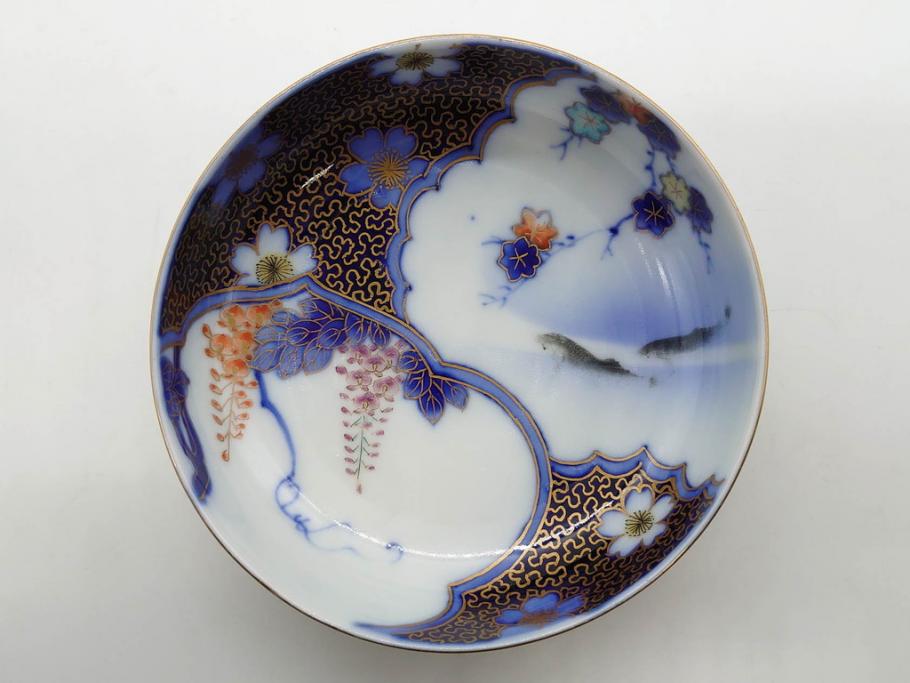戦前　深川製磁　オールド深川　有田焼　染付　色絵　金彩　鯉　約10cm　3.3寸　艶やかな色付が美しい小皿3枚セット(魚、紅葉、桐、藤の花、桜、豆皿、和皿、和食器、三寸三分)(R-080078)